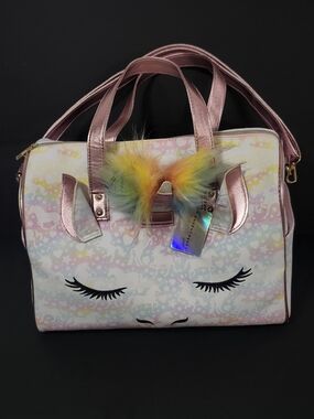 Under One Sky Pink Metallic Unicorn Tote with Rainbow Fur Pom